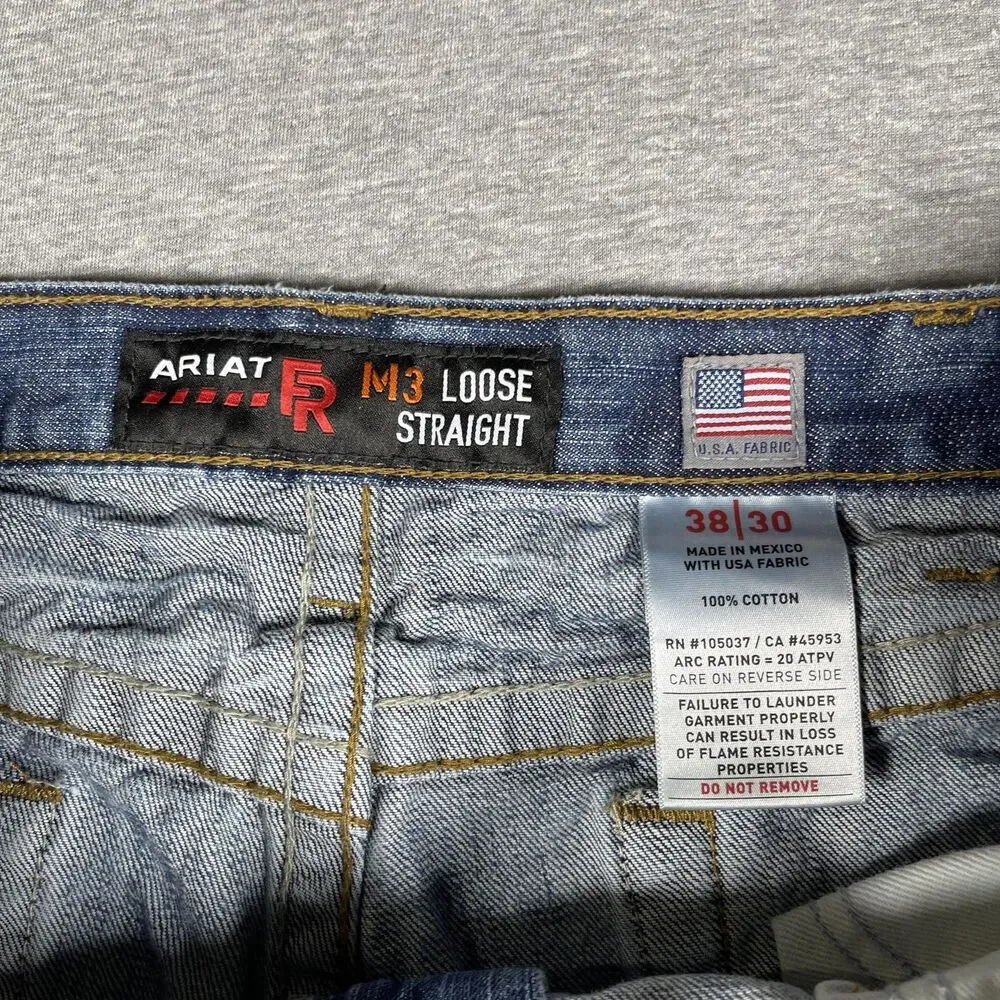 Ariat M3 FR Jeans Mens 38x30 Blue Medium Wash Loose Straight Flame Resistant